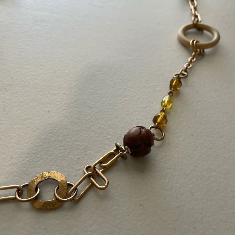 Bohemian Necklace Gold-tone With Cloth, Hand-carved Wooden Beads 23” Length - Picture 8 of 8